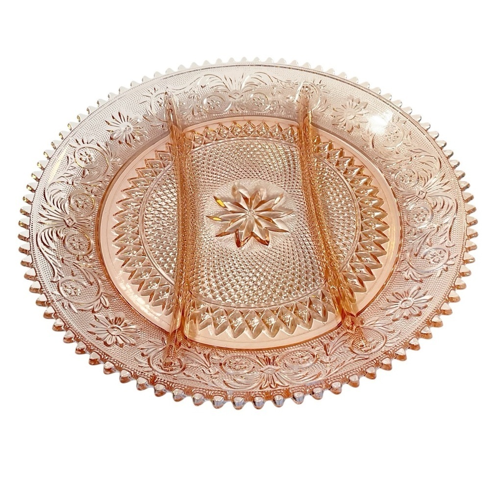 12” Vintage Indiana Tiara Sandwich Pink Peach Glass 3 Part Divided Relish Tray